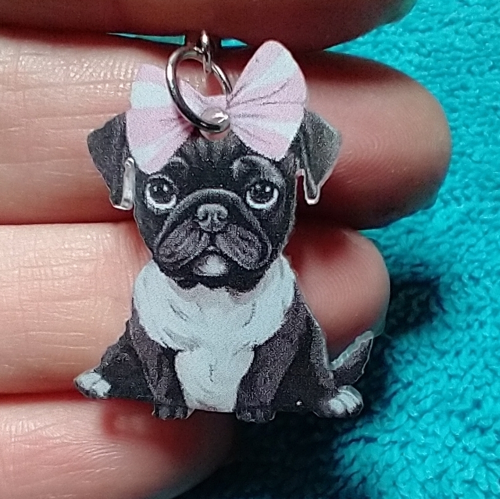 Cute colorful black white pink bow pug dog wire dangle earrings